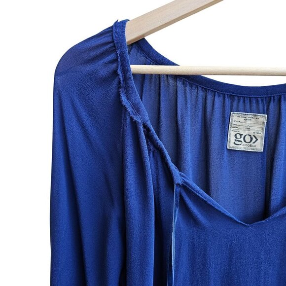 Go By GoSilk Blue Silk Long Sleeve Blouse With Drawstring Neckline, Size Medium - Picture 7 of 11